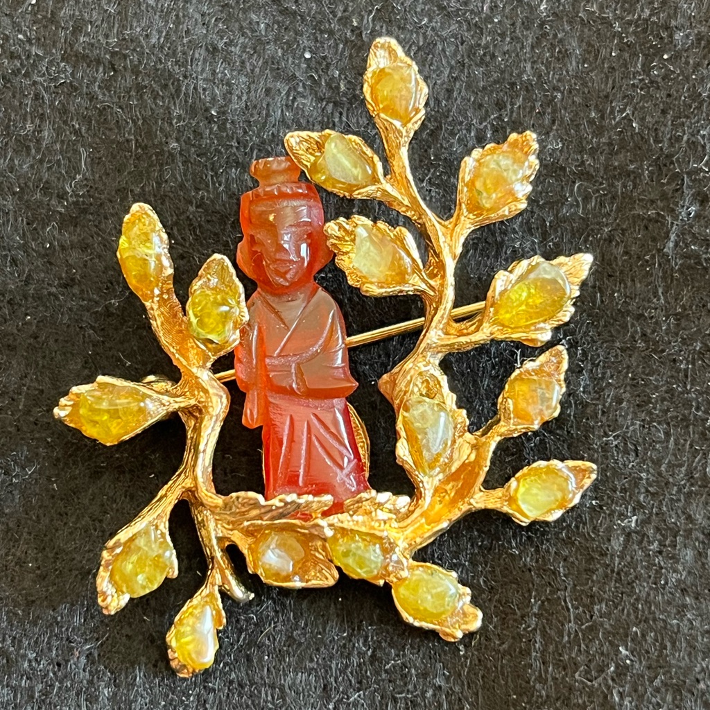 Vintage Swoboda Amber? Carnelian? Buddha Jade Leaves On Tree Gold Tone Brooch